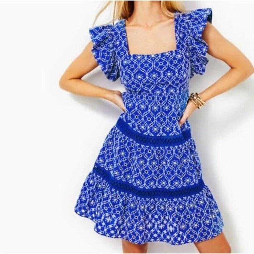 Lilly Pulitzer Morrie Ruffle Sleeve Blue Grotto Flutter Eyelet Size 2
